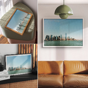 Modern wall art poster featuring a city panorama