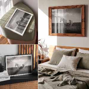 Modern wall art poster featuring white horses