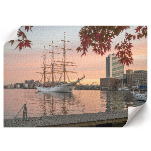 Modern wall art poster featuring a sailing ship and panoramic seascape