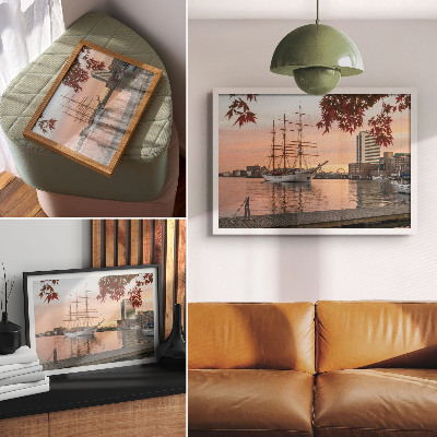 Modern wall art poster featuring a sailing ship and panoramic seascape