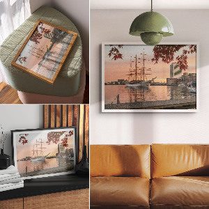 Modern wall art poster featuring a sailing ship and panoramic seascape