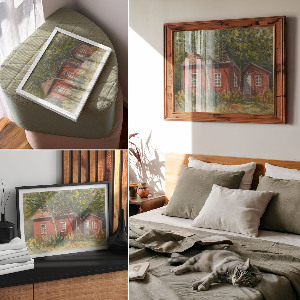 Modern wall art poster featuring a country cottage