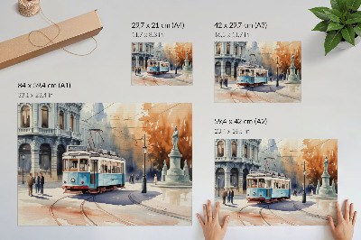 Modern wall art poster depicting a city tram