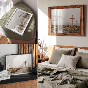 Modern wall art poster featuring a foggy landscape