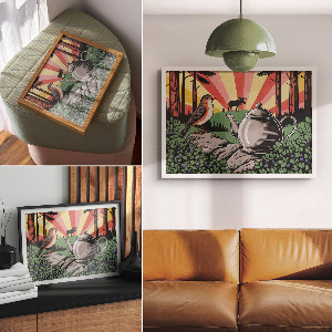 Modern wall art poster depicting a forest camping scene