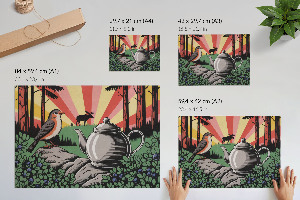 Modern wall art poster depicting a forest camping scene