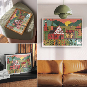 Modern wall art poster depicting a rural landscape