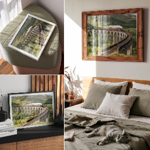 Modern wall art poster depicting a train on a viaduct