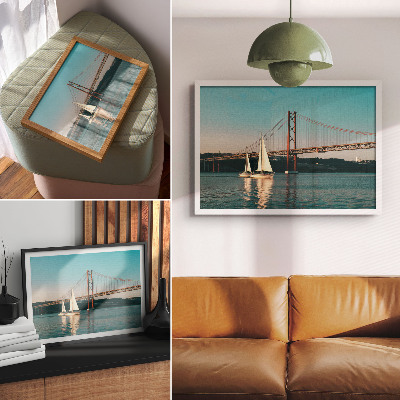 Modern wall art poster featuring a bridge with sailboats
