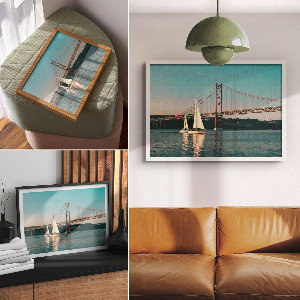 Modern wall art poster featuring a bridge with sailboats