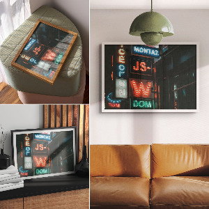 Modern wall art poster featuring neon city lights