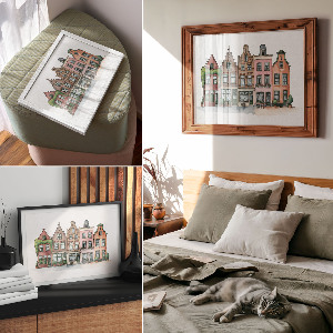 Modern wall art poster featuring illustrative tenement houses