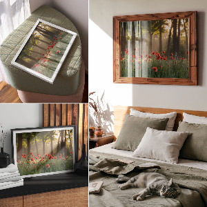 Premium wall art featuring poppies and a forest scene