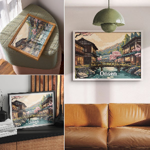 Canvas poster featuring a Japanese onsen landscape