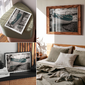 Modern wall art poster depicting a boat on the beach
