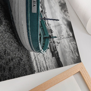 Modern wall art poster depicting a boat on the beach