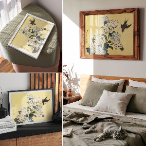 Canvas poster featuring hydrangea and a swallow
