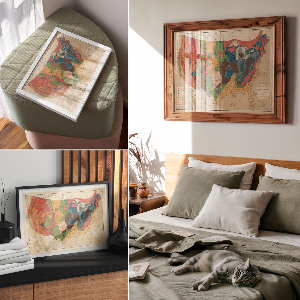Modern wall art poster featuring a geological map of the USA